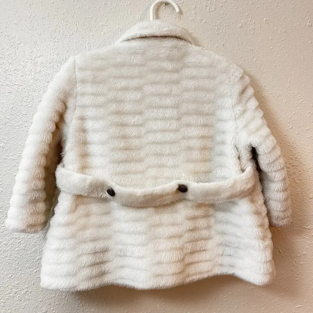 Vintage Breman & Tanner Girls White Faux Fur Overcoat & Matching Bonnet 18-24m